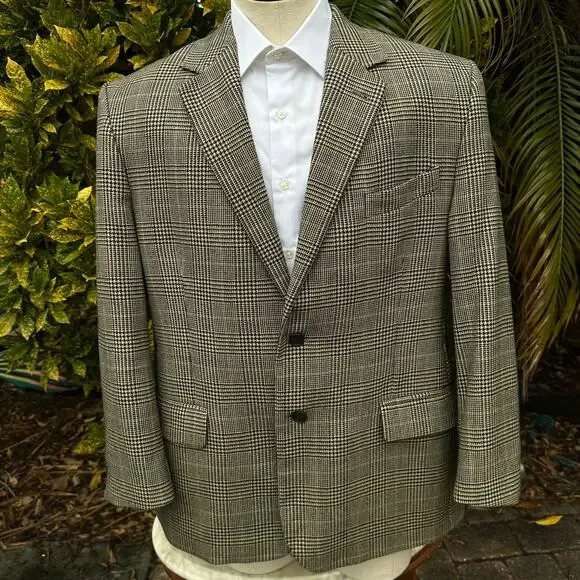 Irvine Park Glenn Plaid Men 44S Blazer Sport Coat Super Fine Lambswool Tan